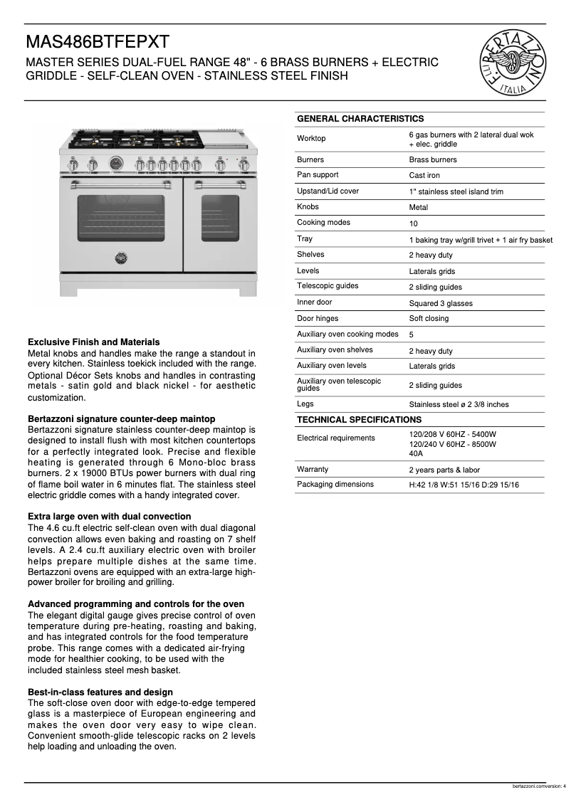 Page 1 de la notice Fiche technique Bertazzoni MAS486BTFEPXT