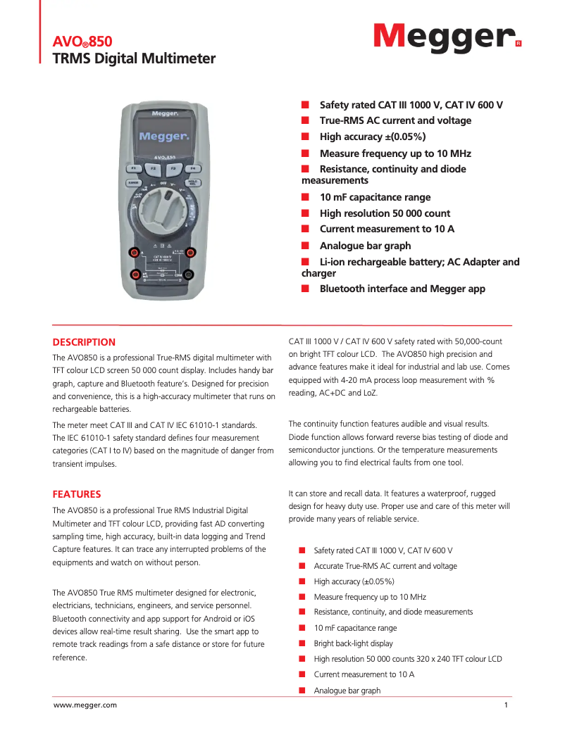 Página 1 del manual Ficha técnica Megger AVO850