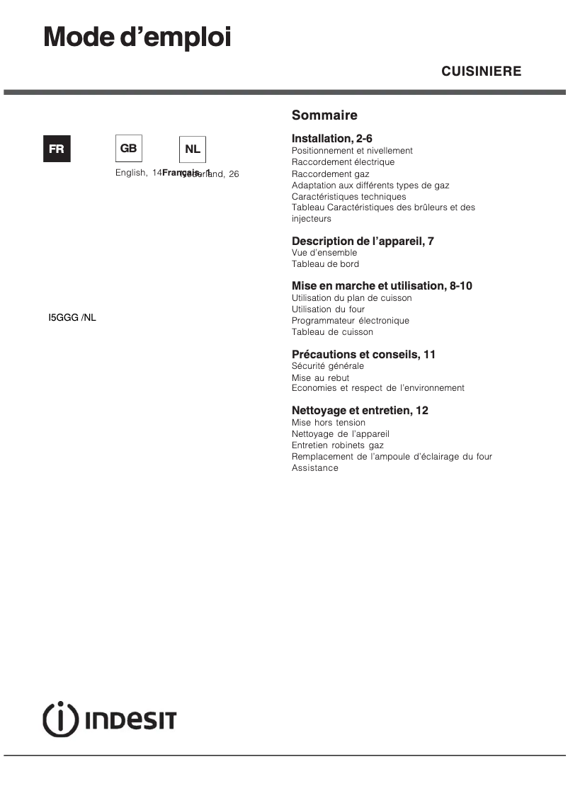 Page n°1 - Manuel utilisateur Indesit I5GGG(W)/NL