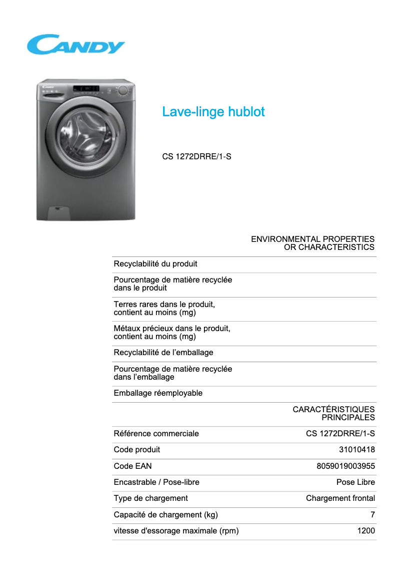 Page 1 of the manual Technical Sheet Candy CS 1272DRRE/1-S