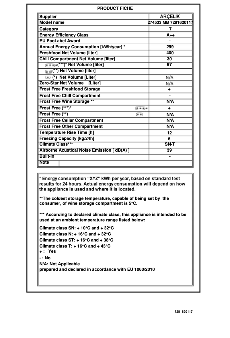 Page 1 de la notice Fiche technique Arçelik 274533 MB