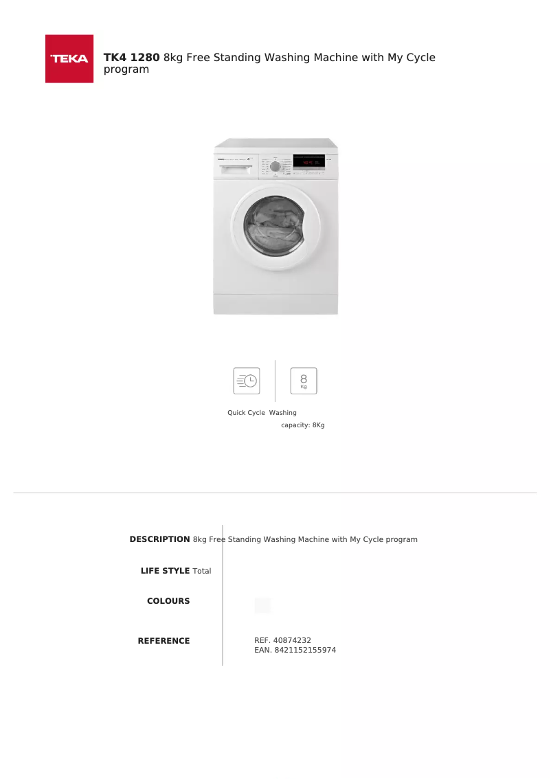 Page 1 de la notice Fiche technique Teka TK4 1280