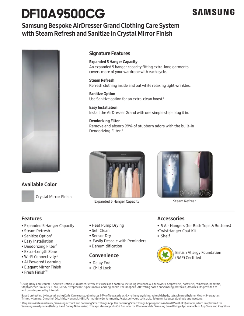Page 1 de la notice Fiche technique Samsung DF10A9500CG