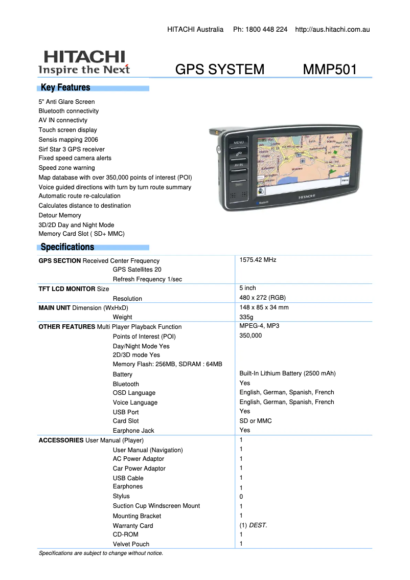 Page 1 de la notice Fiche technique Hitachi MMP501B