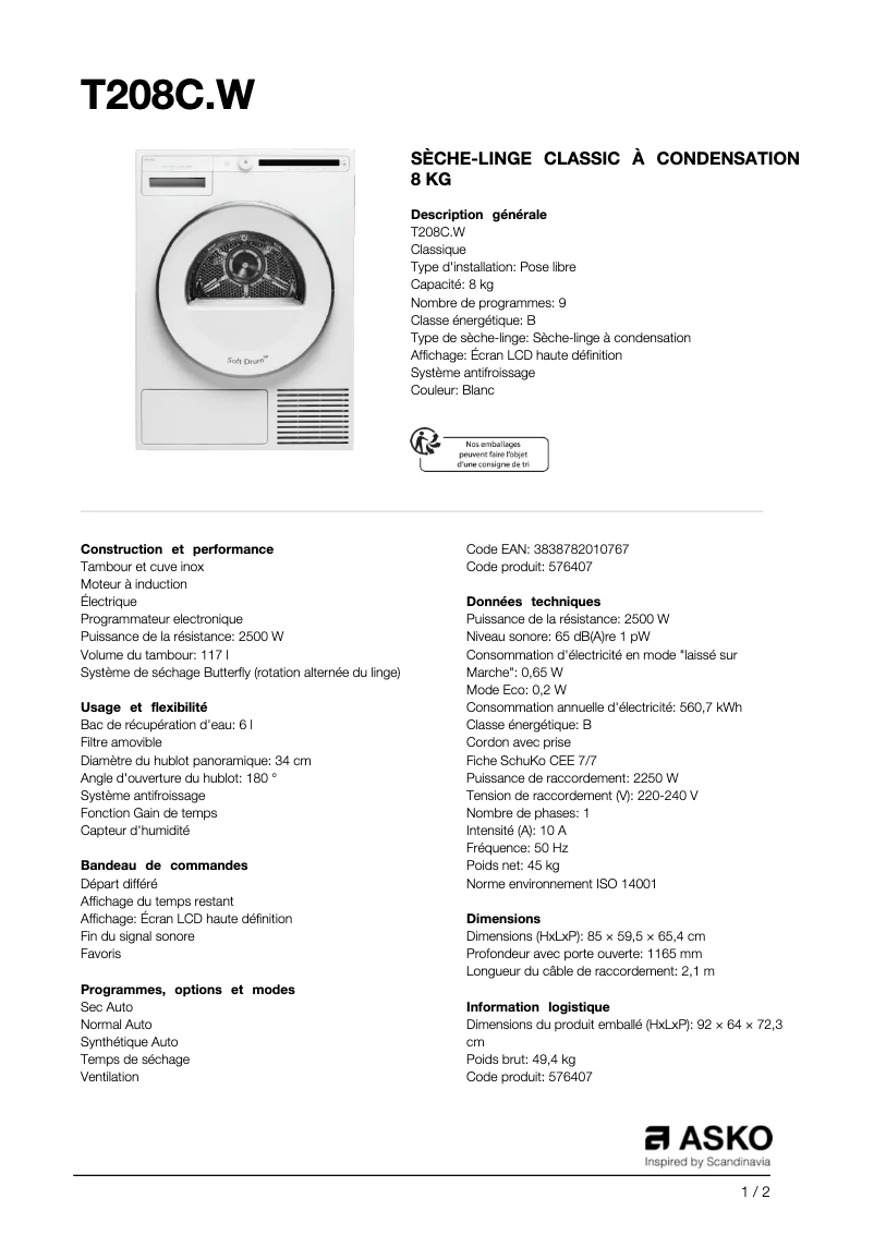 Page 1 de la notice Fiche technique Asko T208C