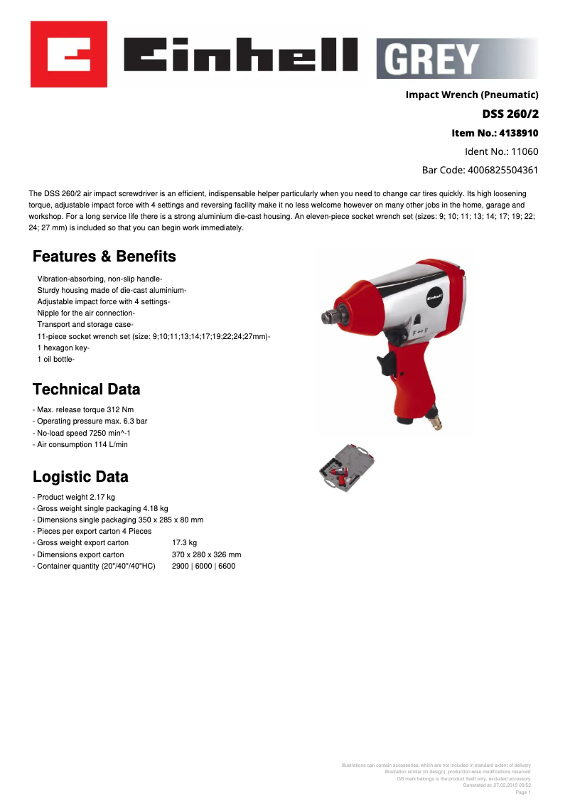 Page 1 de la notice Fiche technique Einhell DSS 260/2