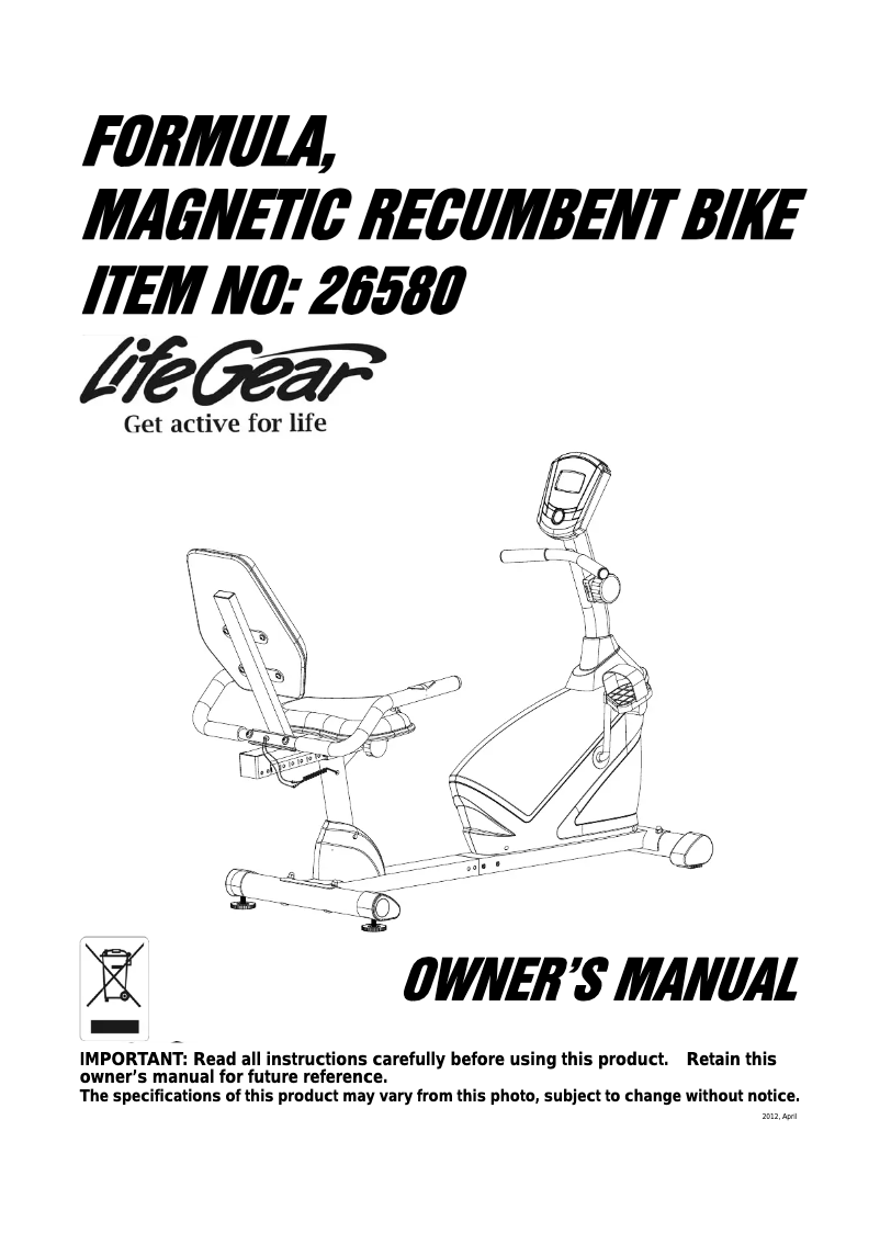 Página 1 del manual Manual de usuario Life Gear Formula Magnetic Recumbent Bike 26580