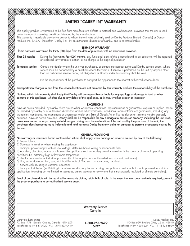 Page 1 de la notice Informations de garantie Danby DDR040BJWDB