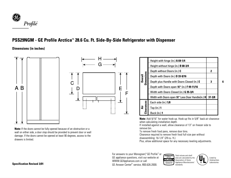 Page n°1 - Fiche technique GE Profile Arctica PSS29NGMBB