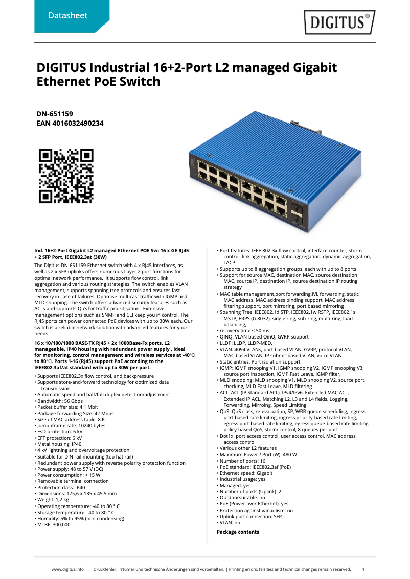 Page 1 de la notice Fiche technique Digitus DN-651159