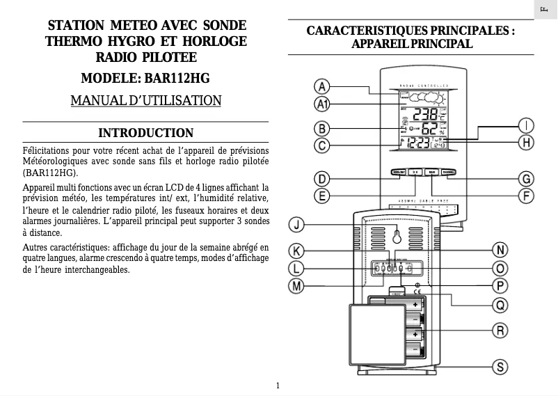 Page 1 de la notice Manuel utilisateur Oregon Scientific BAR112HG