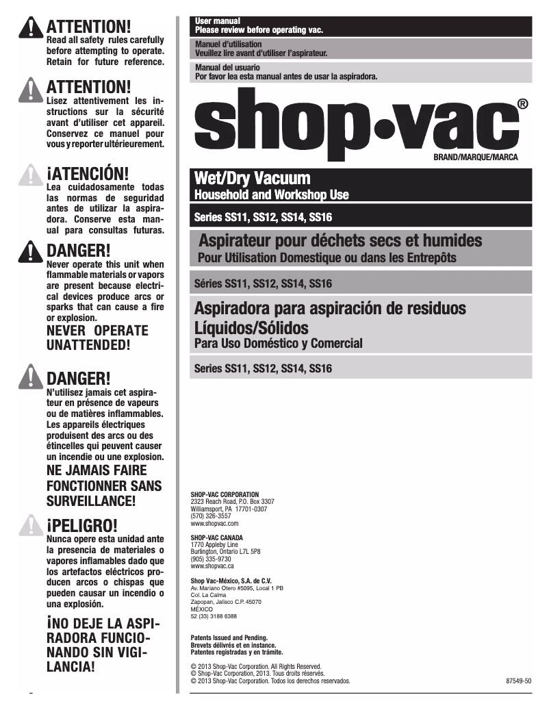 Página 1 del manual Manual de usuario Shop-Vac SS12-350A