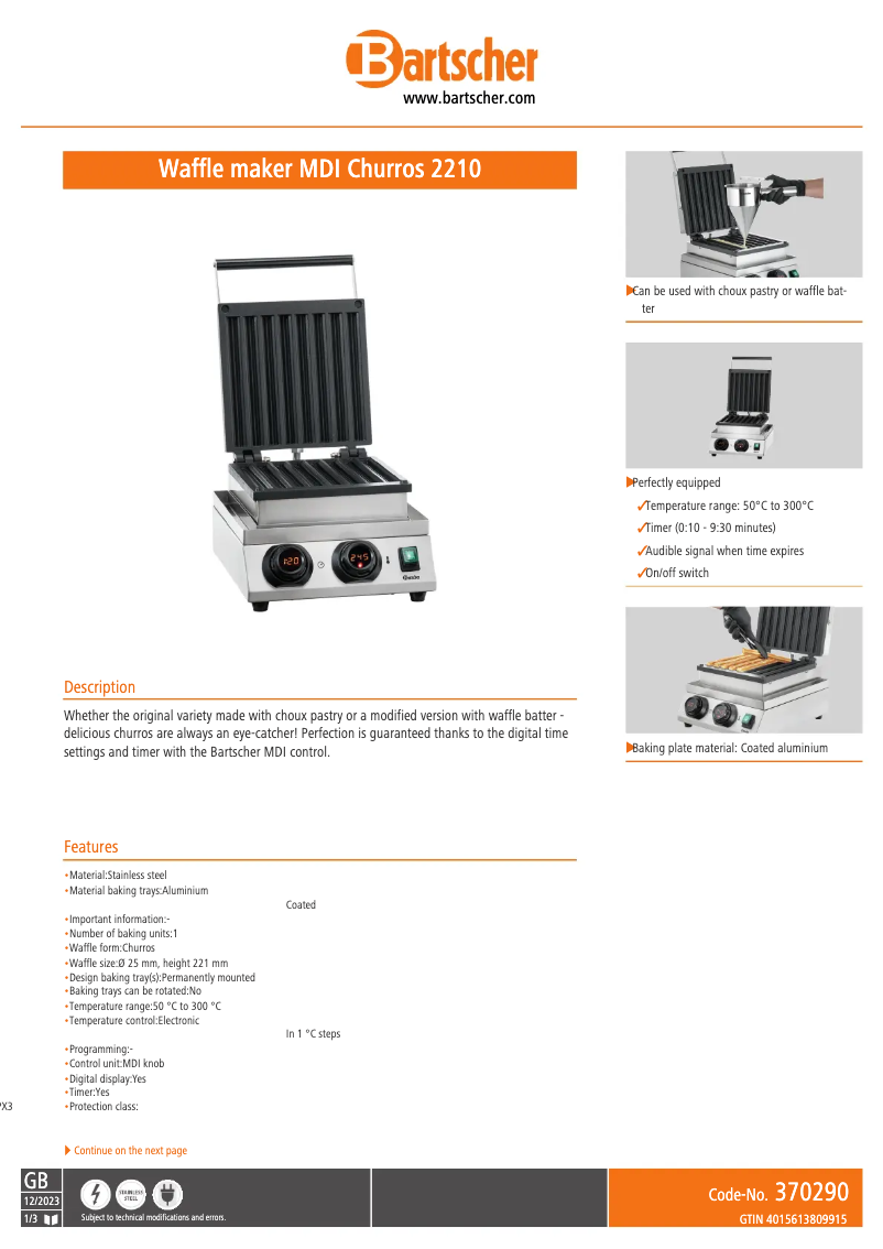Page 1 de la notice Fiche technique Bartscher MDI Churros 2210