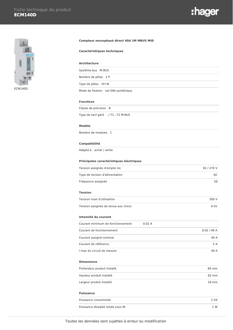Page 1 de la notice Fiche technique Hager ECM140D