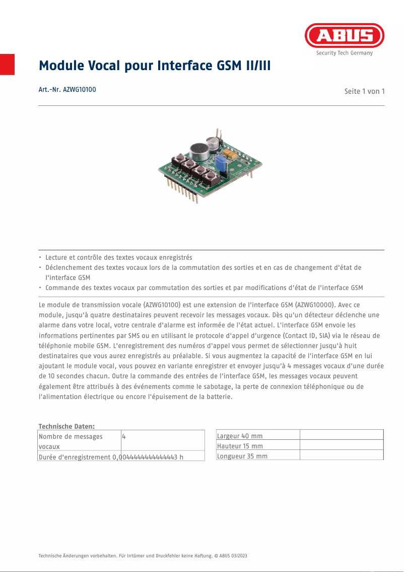 Página 1 del manual Ficha técnica Abus AZWG10100