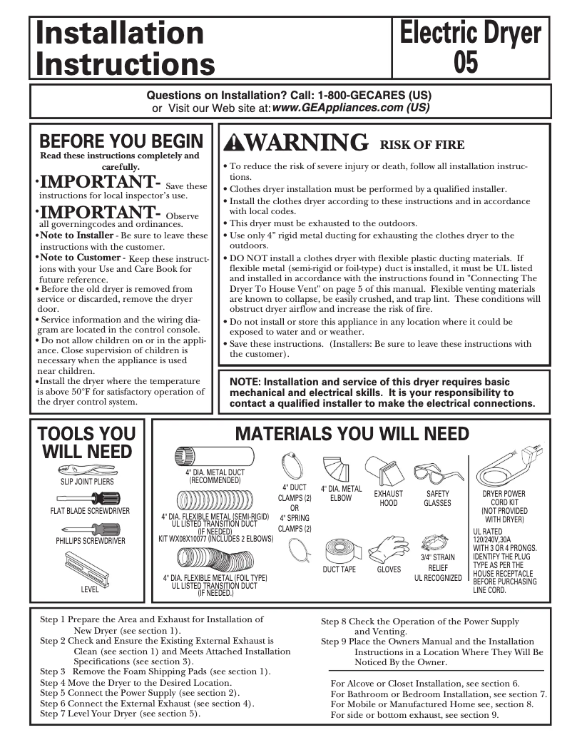 Page 1 of the manual Installation Guide GE DBSR463EGWW