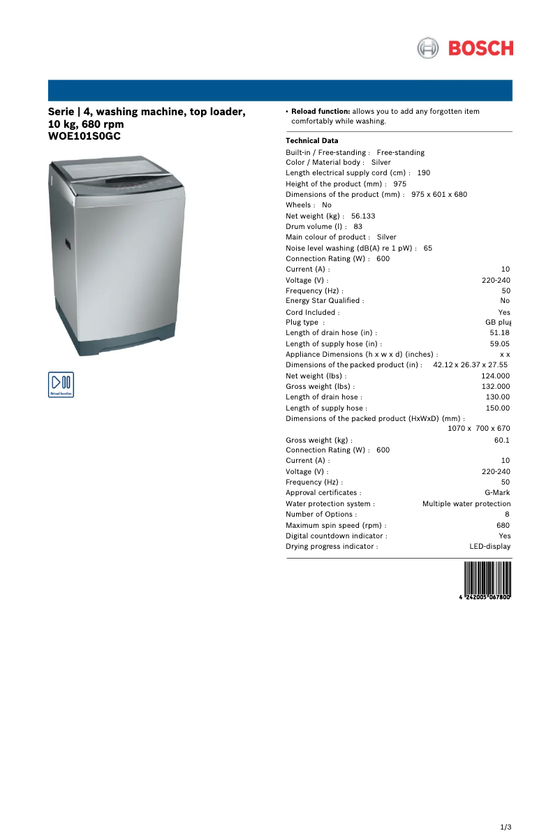 Page 1 of the manual Technical Sheet Bosch WOE101S0GC