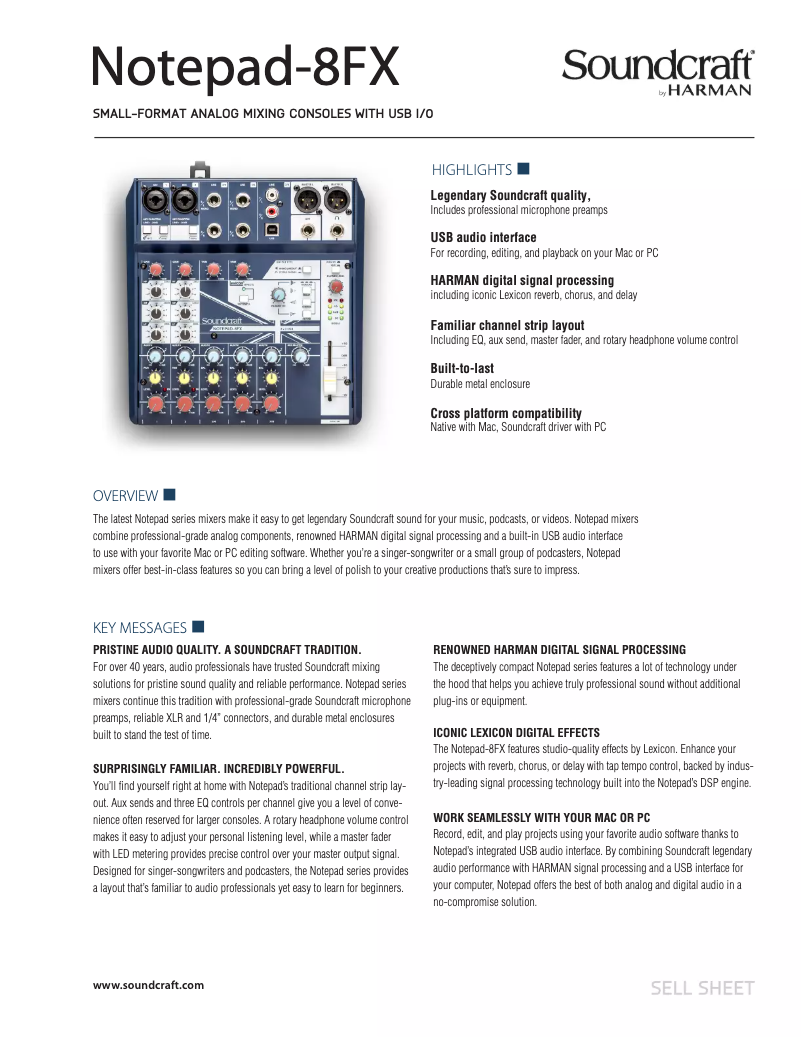 Page 1 de la notice Fiche technique Soundcraft Notepad-8FX
