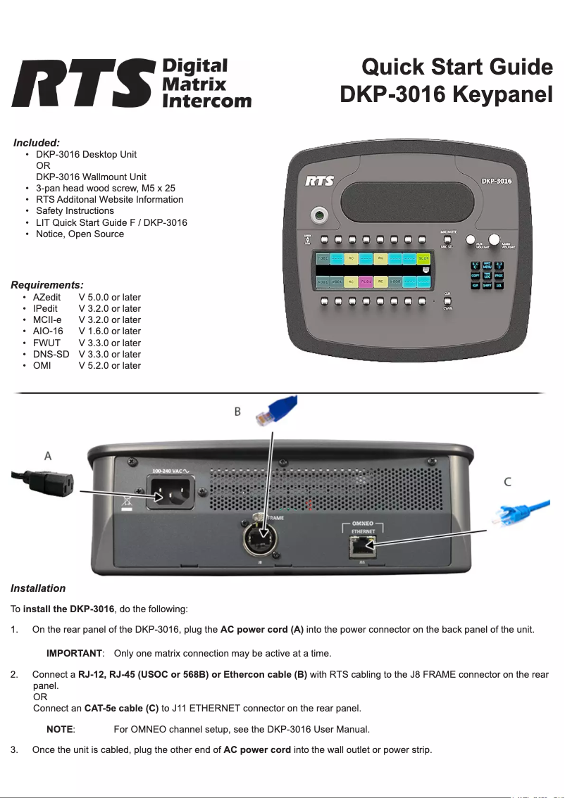 Page 1 de la notice Guide de démarrage rapide RTS DKP-3016