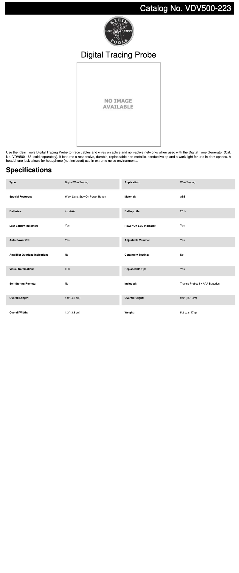 Page 1 de la notice Fiche technique Klein Tools VDV500-223