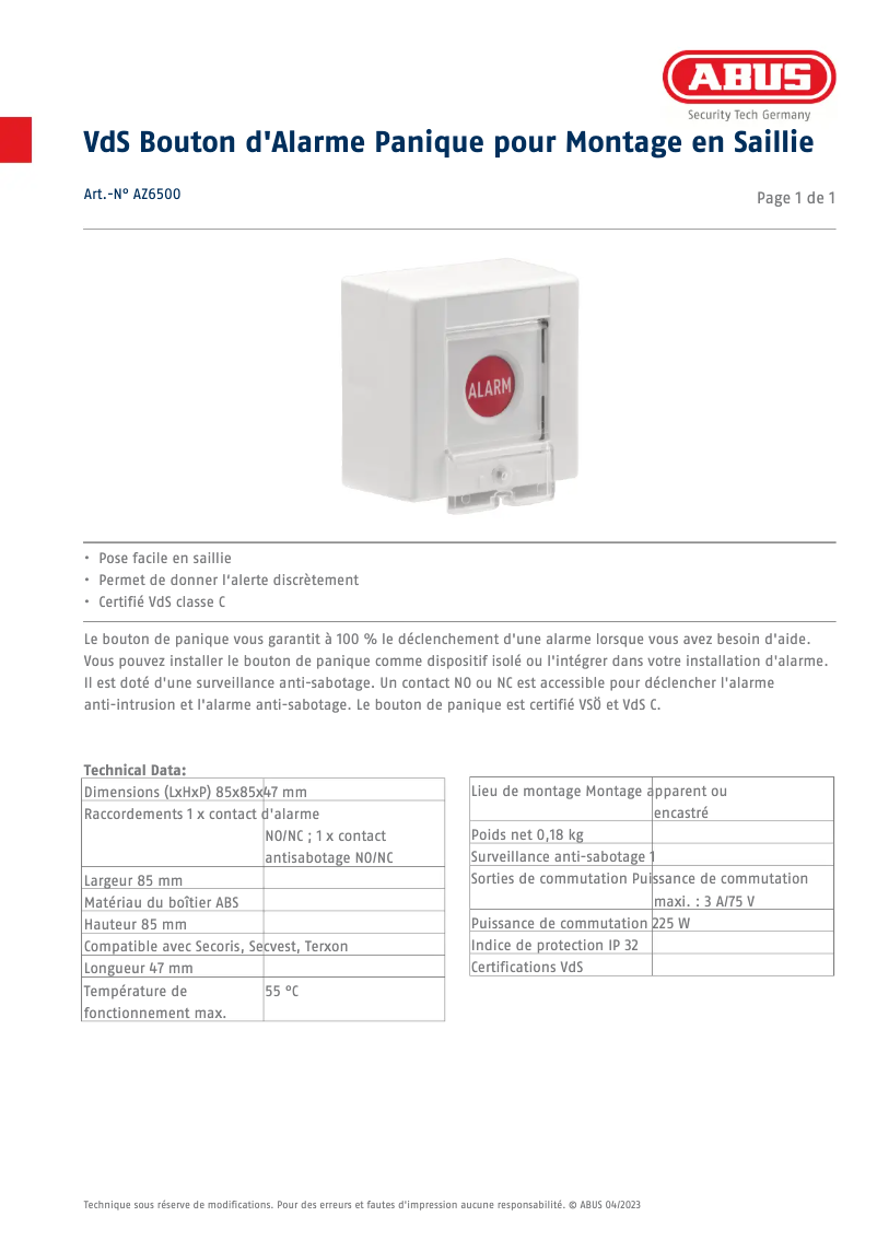 Página 1 del manual Ficha técnica Abus AZ6500