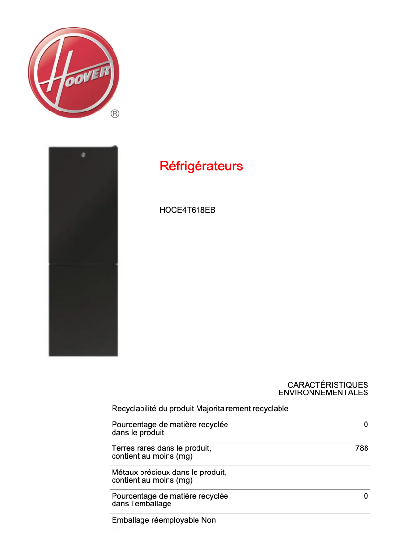 Page 1 de la notice Fiche technique Hoover HOCE4T618EB