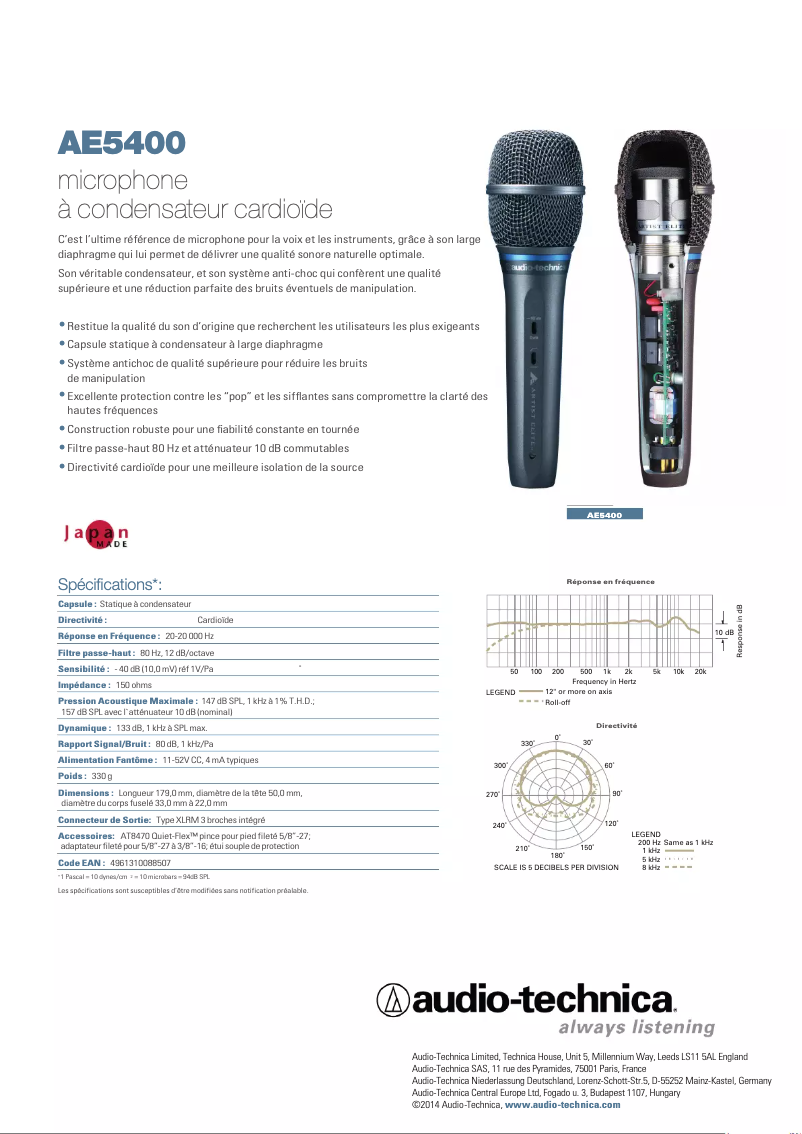 Page 1 de la notice Fiche technique Audio-Technica AE5400