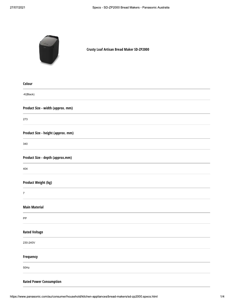 Página 1 del manual Ficha técnica Panasonic SD-ZP2000