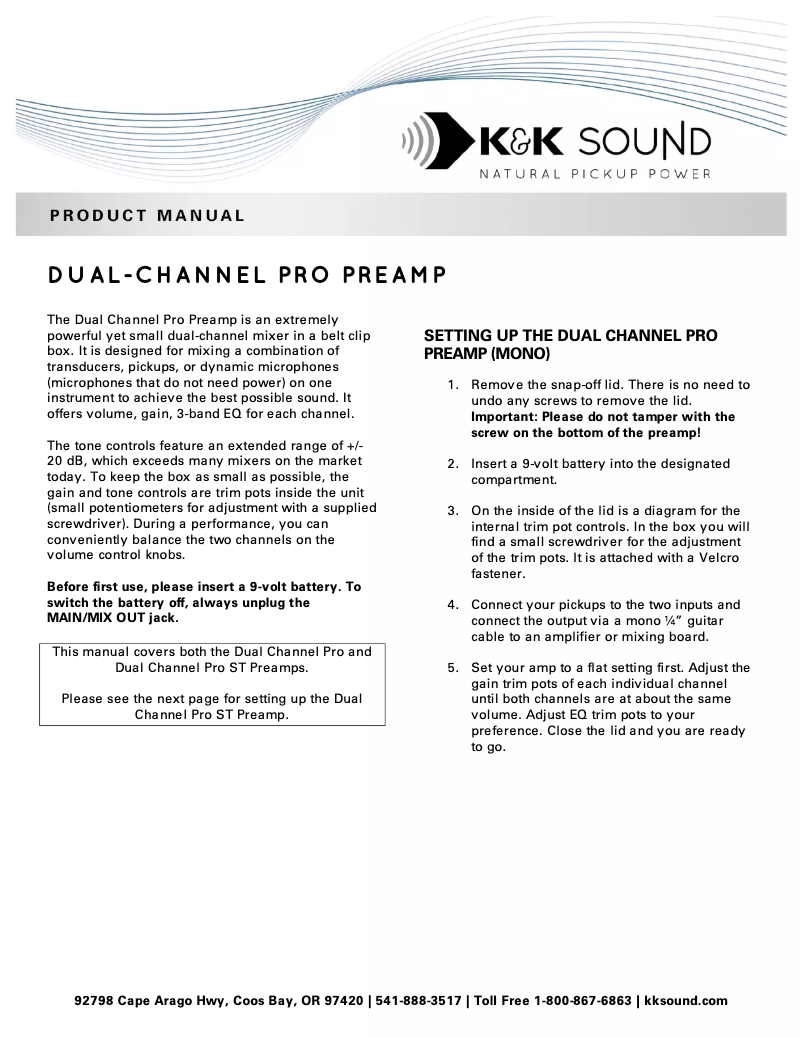 Page 1 de la notice Manuel utilisateur K&K Sound Dual-Channel Pro Preamp