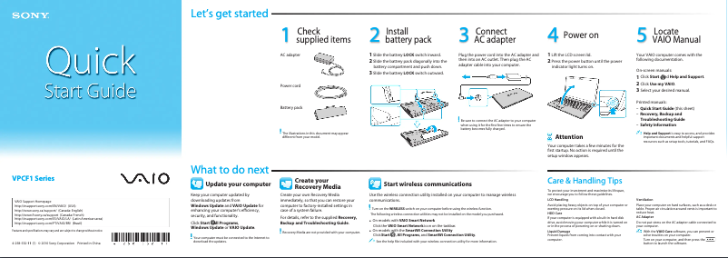 Page 1 de la notice Guide d'installation Sony Vaio VPCF136FX