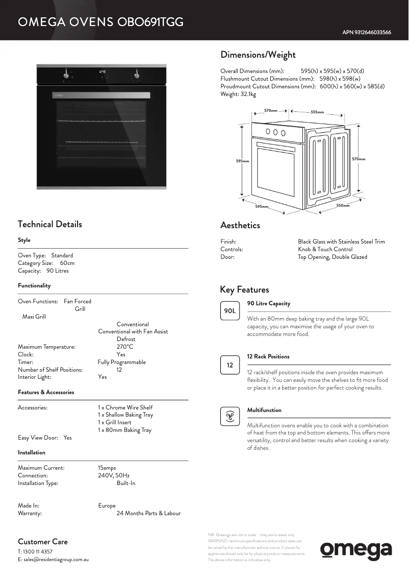 Page 1 de la notice Fiche technique Omega OBO691TGG