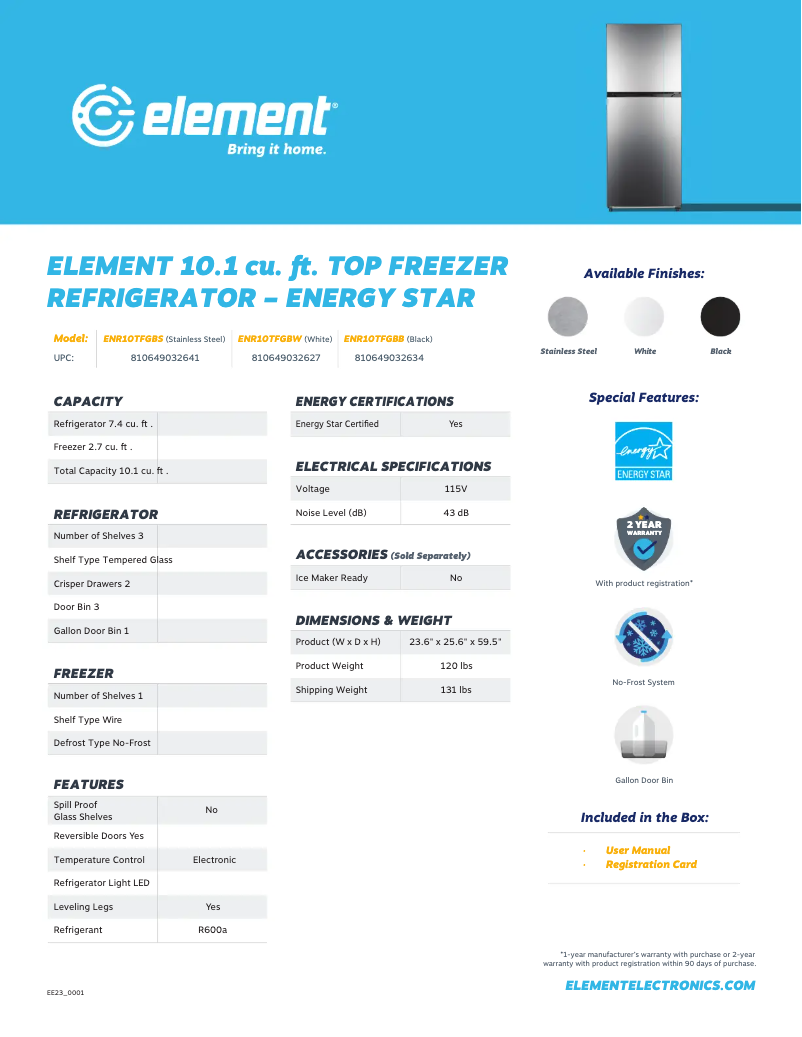 Page 1 de la notice Fiche technique Element ENR10TFGBB