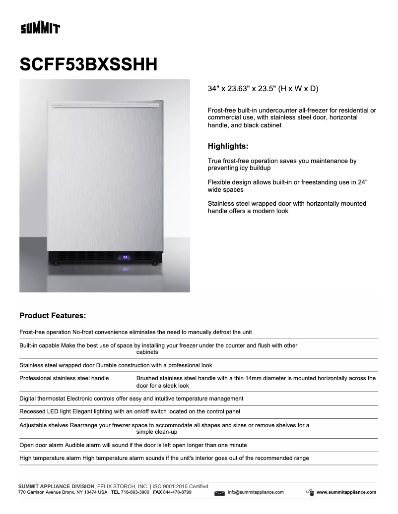 Page 1 de la notice Fiche technique Summit SCFF53BXSSHH