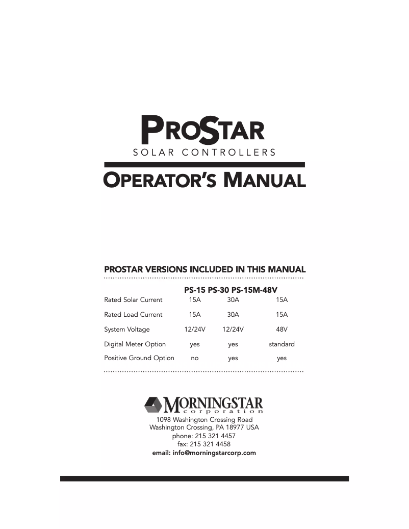Page 1 de la notice Manuel utilisateur Morningstar ProStar PS-30M