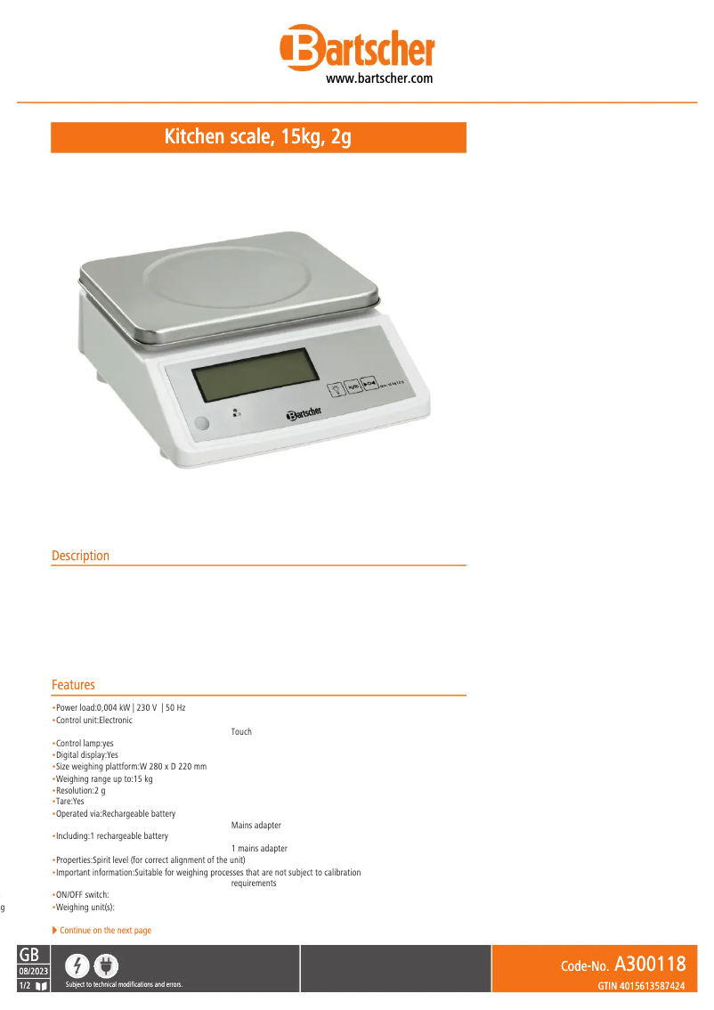 Página 1 del manual Ficha técnica Bartscher A300118