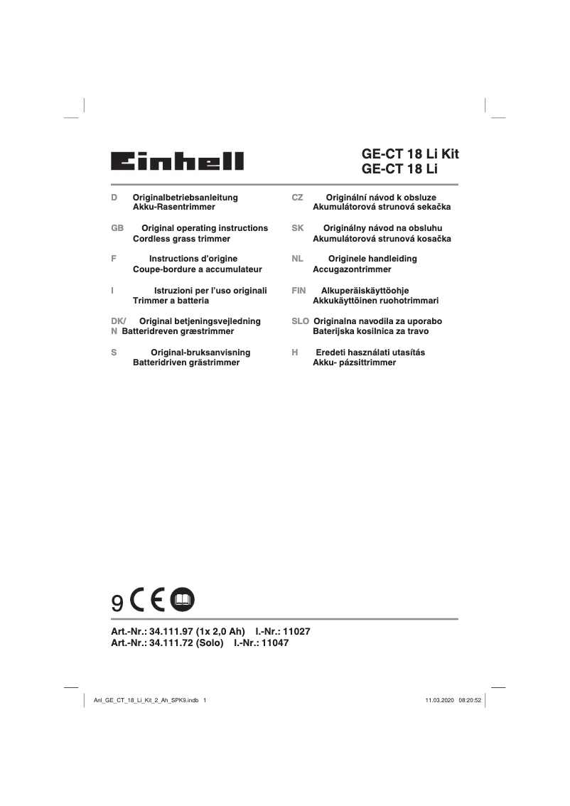 Page 1 de la notice Manuel utilisateur Einhell GE-CT 18 Li-Solo