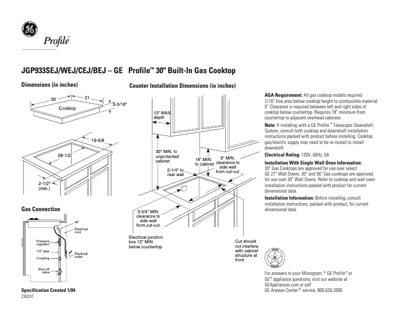 Page 1 of the manual Technical Sheet GE Profile JGP933CEJCC