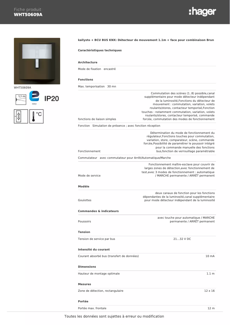 Page 1 de la notice Fiche technique Hager WHT50609A