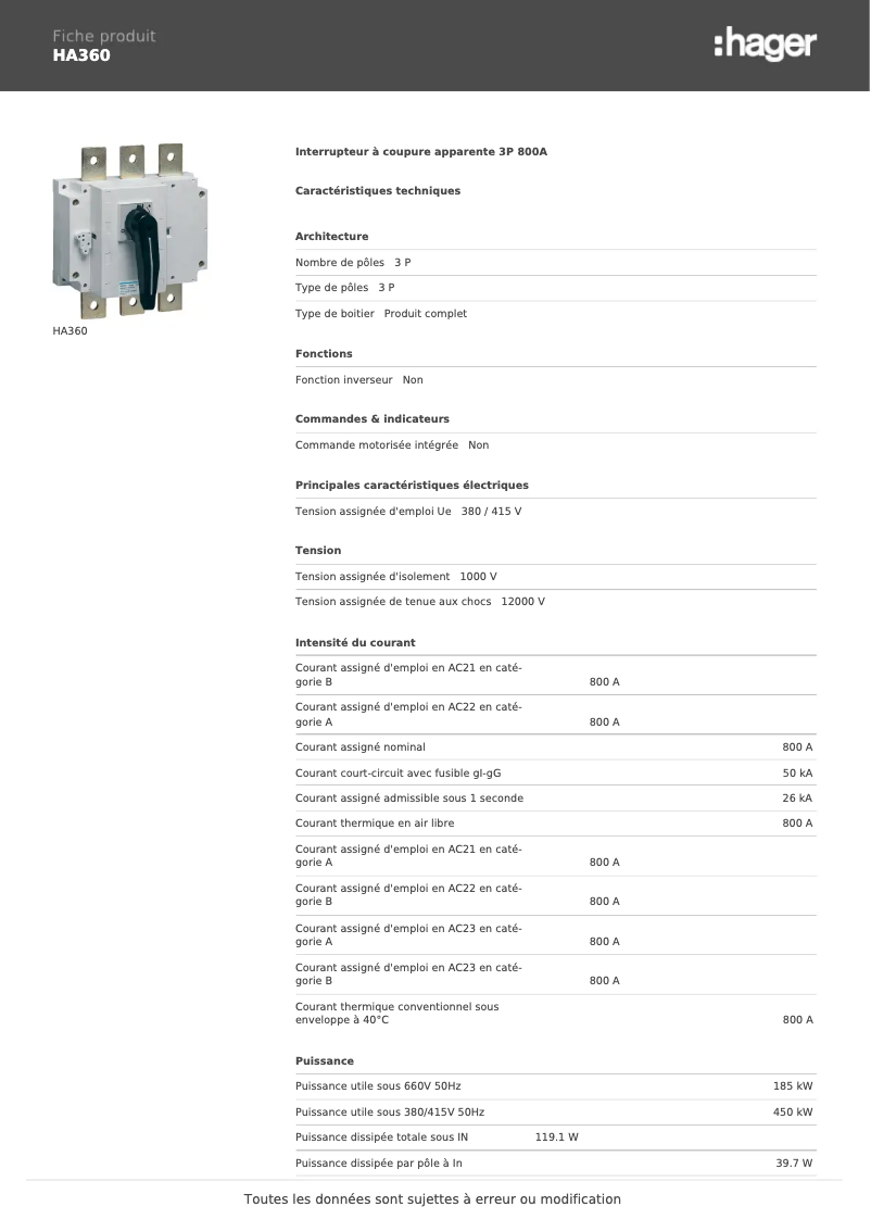 Page 1 of the manual Technical Sheet Hager HA360