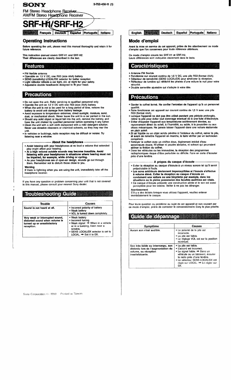 Page 1 de la notice Manuel utilisateur Sony SRF-H1