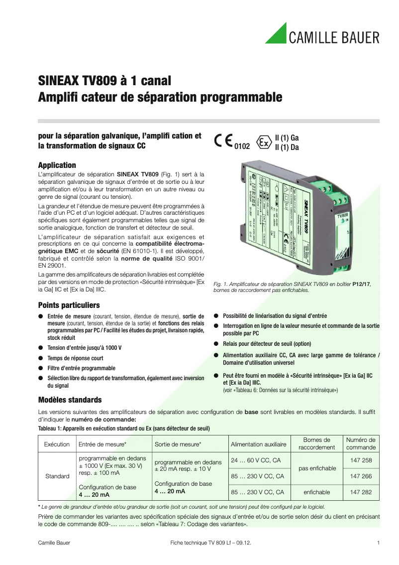 Page 1 de la notice Fiche technique Camille Bauer Sineax TV809
