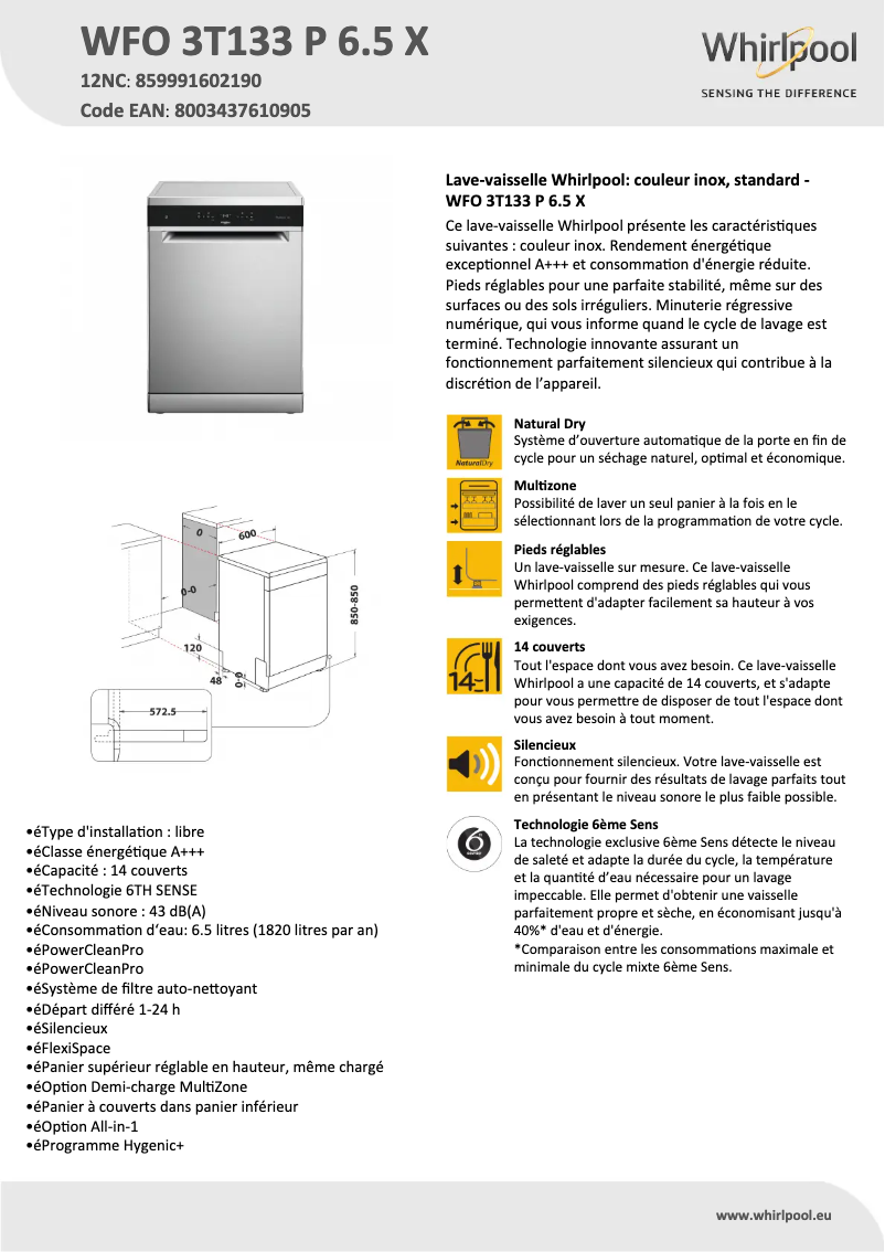 Page 1 de la notice Fiche technique Whirlpool WFO 3T133 P 6.5 X
