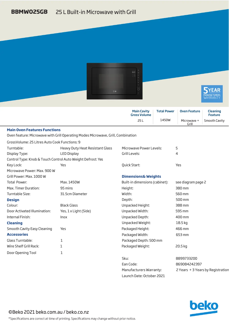 Page 1 de la notice Fiche technique Beko BBMWO25GB