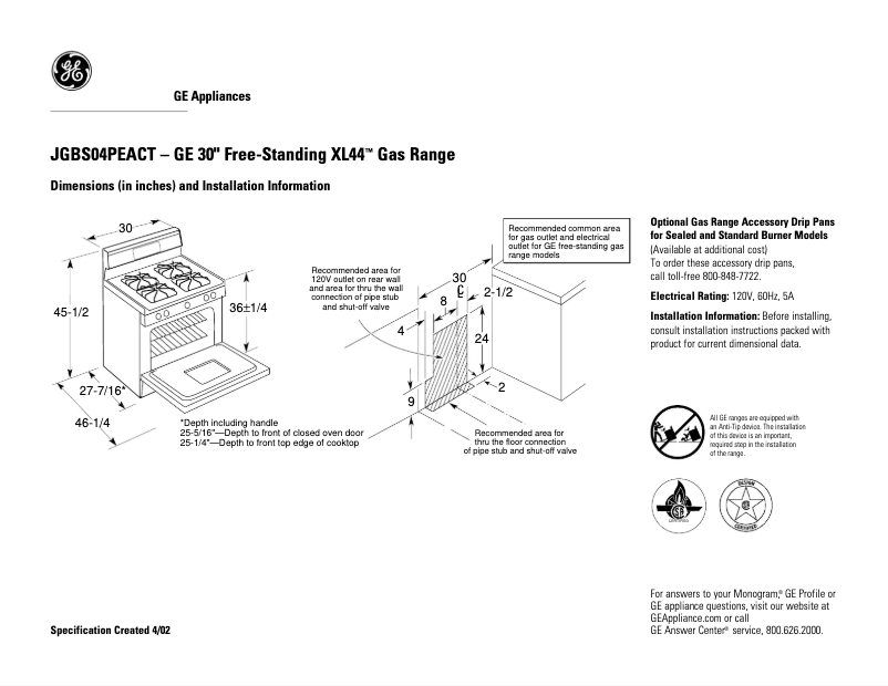Page 1 of the manual Technical Sheet GE JGBS04PEACT