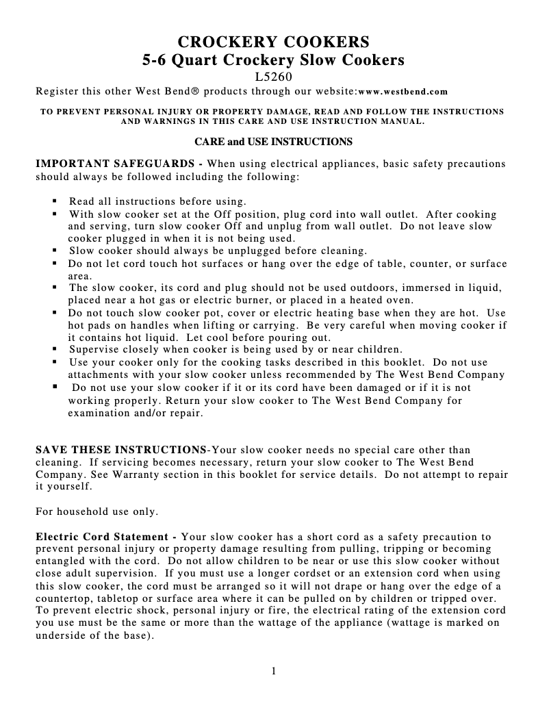 Page 1 de la notice Manuel utilisateur WestBend 84406