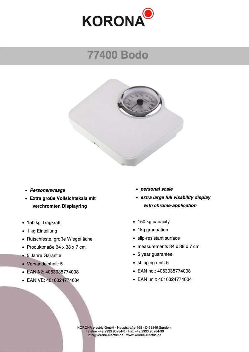 Page 1 de la notice Fiche technique Korona Bodo 77400