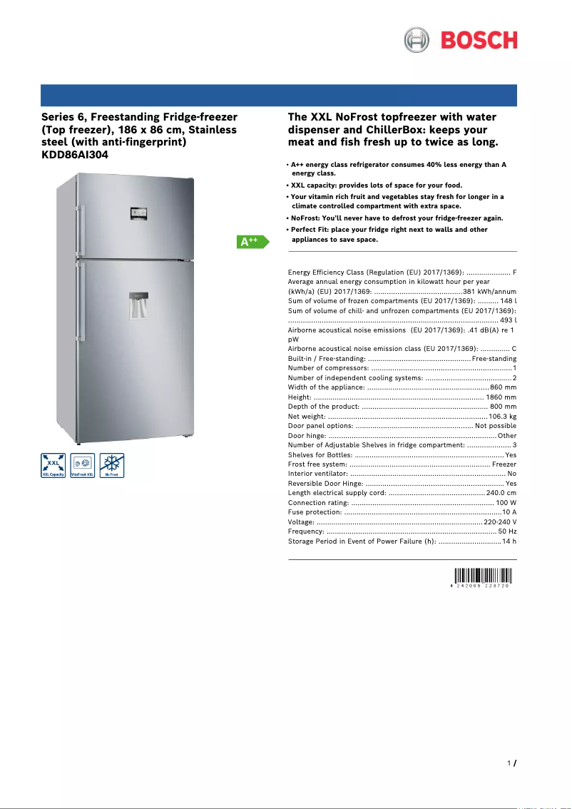 Page 1 de la notice Fiche technique Bosch KDD86AI304
