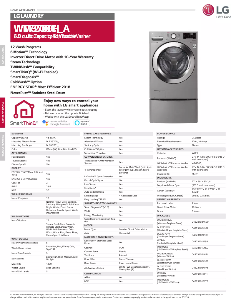 Page 1 of the manual Technical Sheet LG WM3700HWA