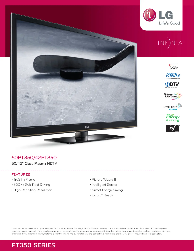Page 1 de la notice Fiche technique LG 50PT350