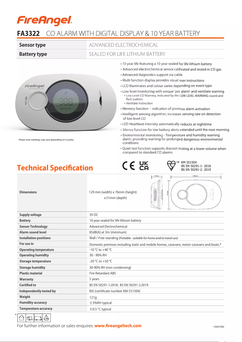 Page 1 de la notice Fiche technique FireAngel FA3322